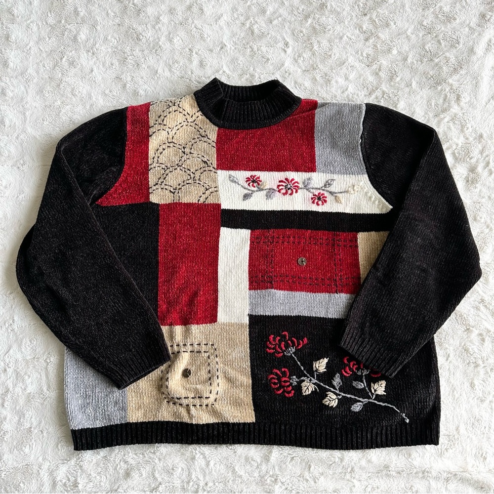 Vintage Alfred Dunner Sweater Womens 2X Red Black Colorblock Floral Retro READ